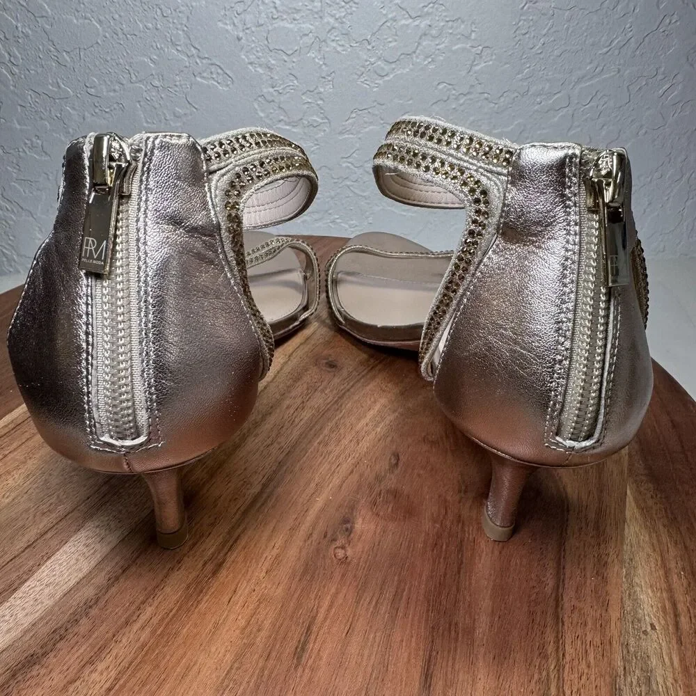 Pelle Moda Vero Cuoio Metallic Rhinestone‎ Ankle Strap Kitten-Heel Size 10